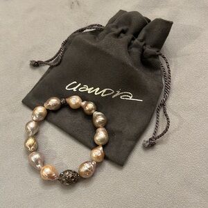 Diamond & sterling silver bead and Ming pearl stretch bracelet